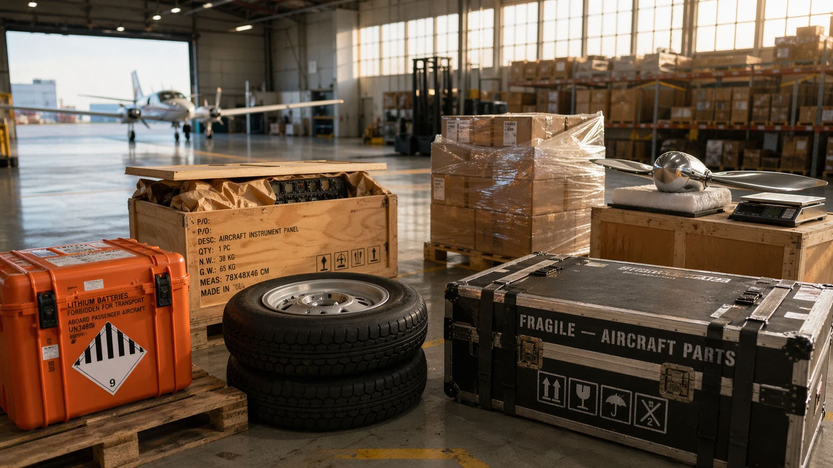 Piezas de aviación preparadas para expedición en almacén logístico