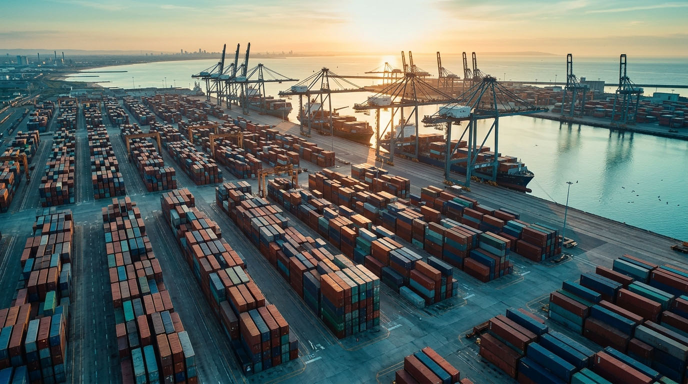Puerto comercial con contenedores y grúas al atardecer